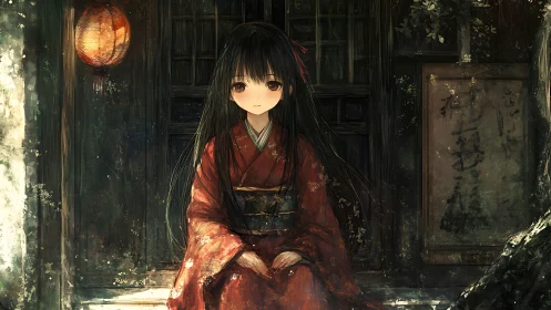 Young figure in red kimono sits before weathered doorway