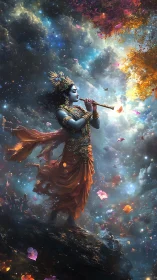 Celestial flute bearer weaving galaxies in jeweled twilight.
