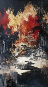 Abstract autumn forest over mirrored water surface.