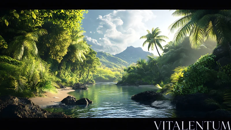 Tropical River Valley with Mountain Peak.