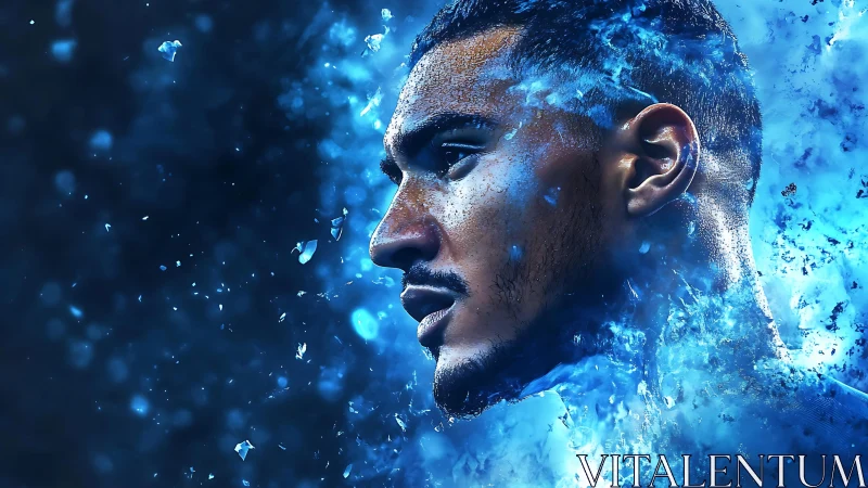 Intense male portrait dissolving into blue energy bursts.