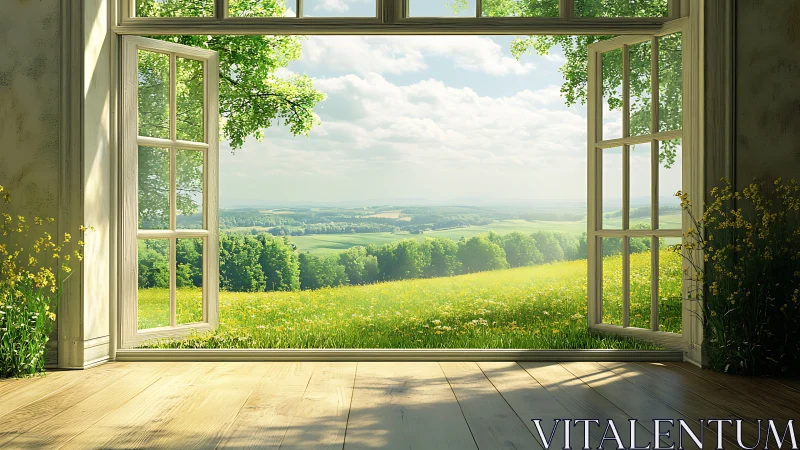 Sunlit interior threshold opening onto stratified rural horizon.