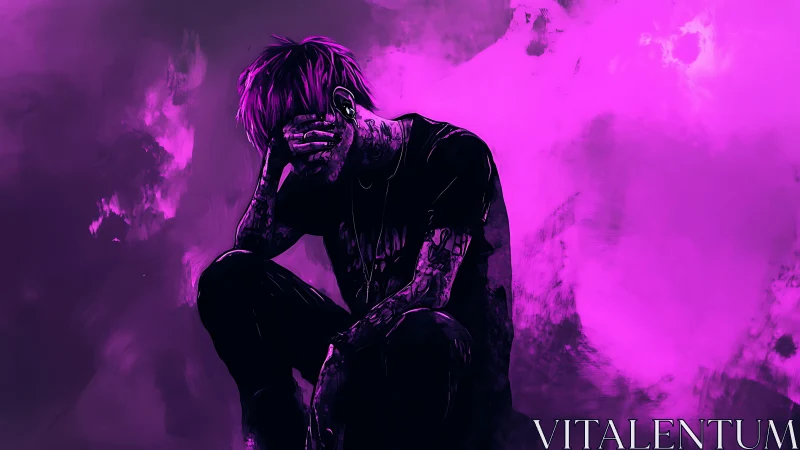 Solitary figure sinks into neon purple emotional darkness