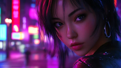Woman looks back in neon city street at night