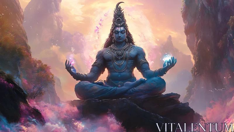 Blue-skinned meditative figure on rock amid misty mountains.