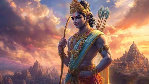 Heroic archer deity stands before luminous mythic temple city