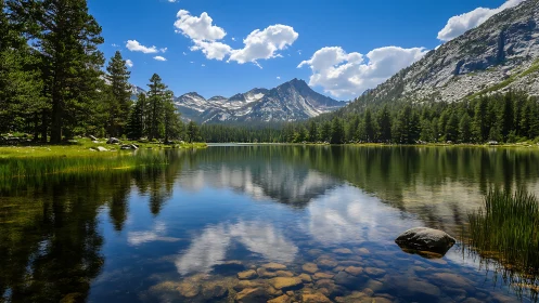 Alpine lake reflection under clear blue summer sky.