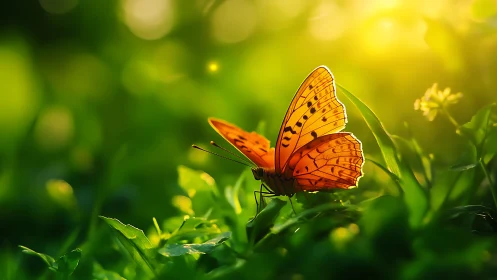 Sunlit orange butterfly rests on dewy foliage in shallow focus