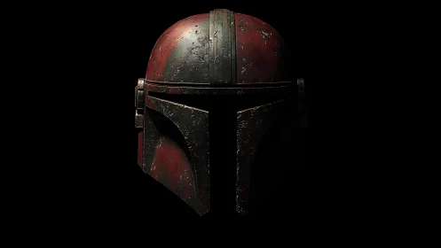 Worn red and black sci fi combat helmet on dark background.