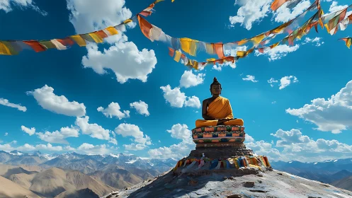 Buddha statue on mountain peak under prayer flags and sky.