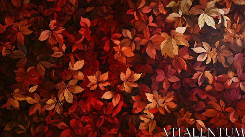 Dense layered pattern of red and orange autumn leaves.