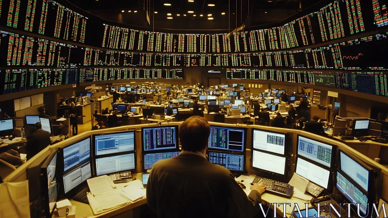 High-density trading floor with multi-screen market data arrays