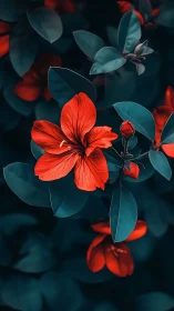 Vermillion Hibiscus with Teal Foliage: Chromatic Botanical Composition.