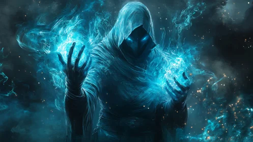 Digital painting of arcane hooded sorcerer with ethereal energy.