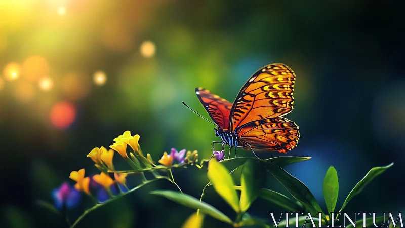 Digital painting of monarch butterfly on luminous garden perch.