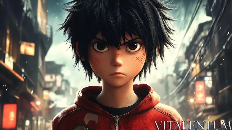 Storm-eyed street kid steels himself in neon alley chill