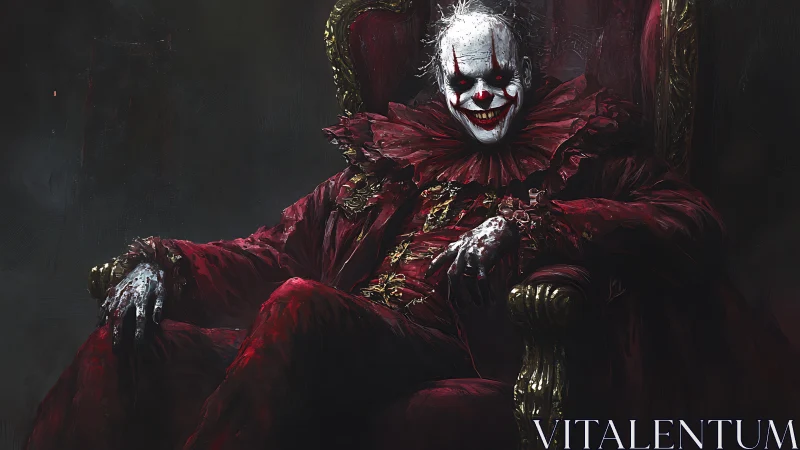 Grotesque clown monarch seated on baroque throne in shadow
