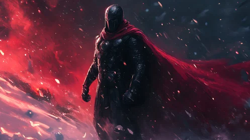 Armored dark warrior in red cloak dominates fiery, wind‑torn field