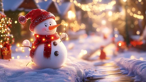 Cheerful snowman sparkles in storybook village snowfall.