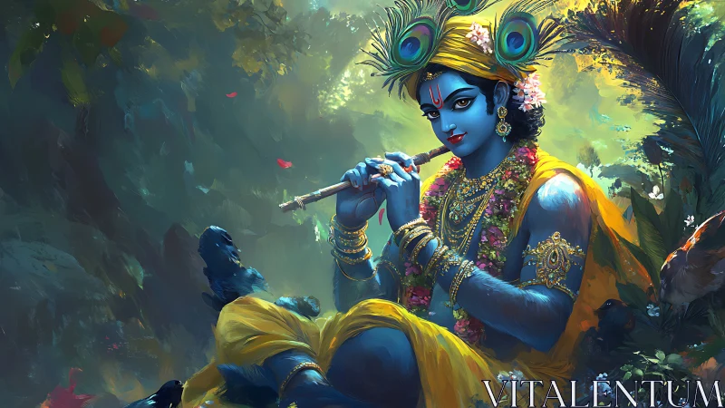 Digital painting of Krishna in luminous forest vignette composition.