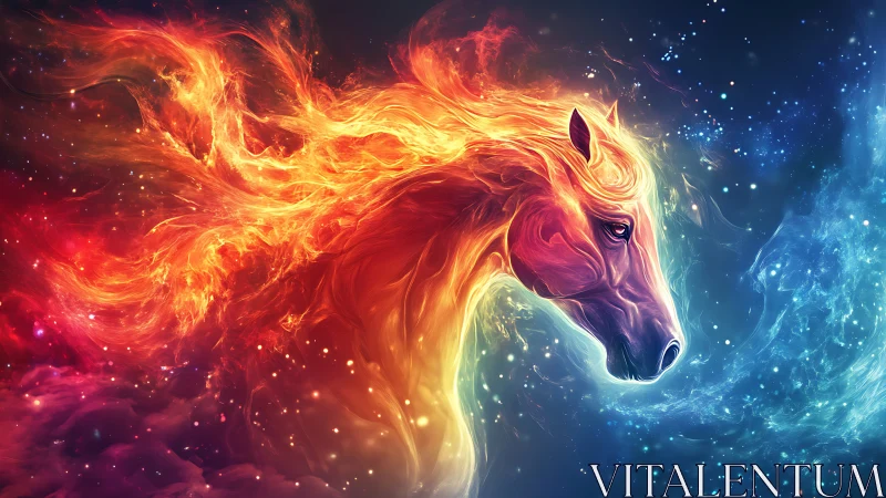 Fiery cosmic horse portrait amid swirling nebulae.