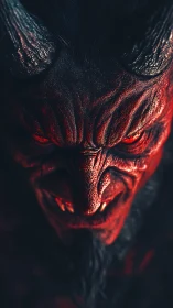 Sinister horned demon bathed in dramatic, fiery red light.