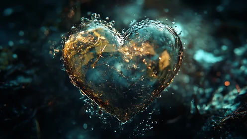 Heart-shaped water droplet with golden light refraction.