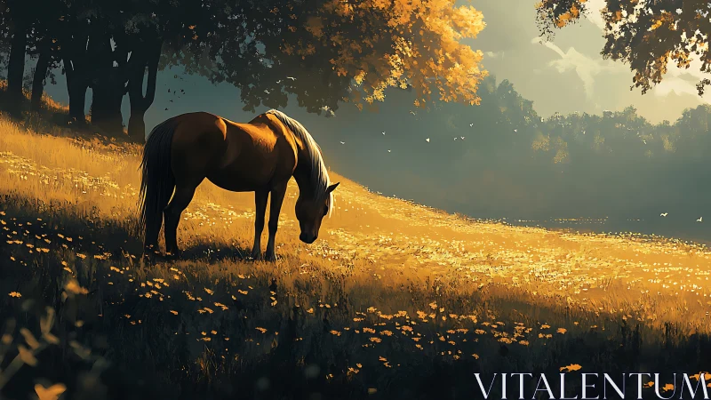Backlit chestnut horse grazing in high-contrast golden meadow