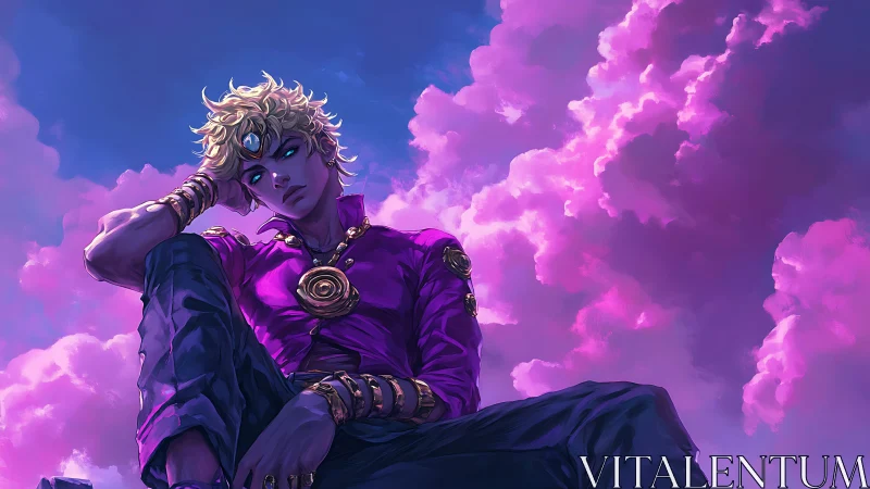 Dreamy sky wanderer rests beneath glowing pink clouds