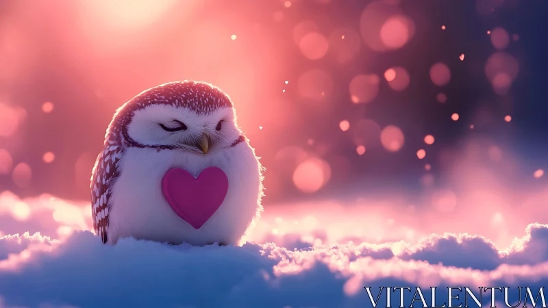 Bioluminescent snow owl cradling stylized heart emblem.