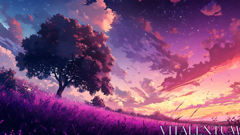 Solitary tree anchors a neon-gradient dusk skyscape panorama