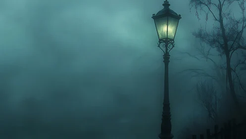 Lonely gas lamp casts soft light through eerie night fog.