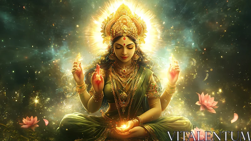 Radiant goddess meditates amid cosmic lotus light halo