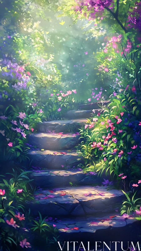 Stone steps ascend through dense flowering garden foliage