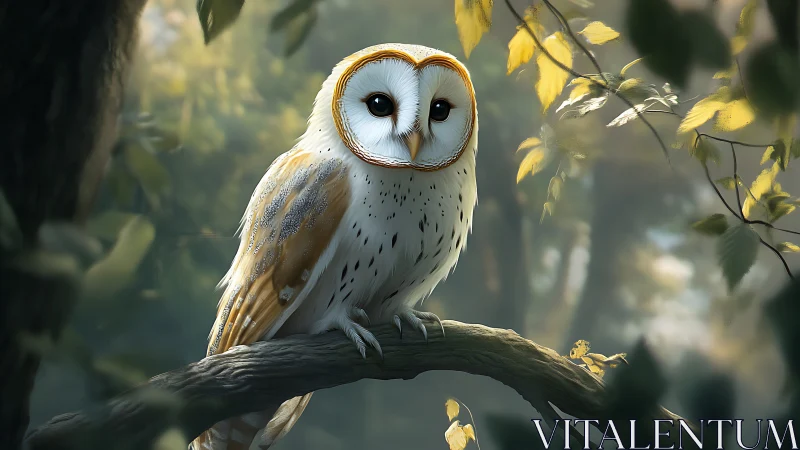 Realistic barn owl perched on branch in dreamy forest scene.
