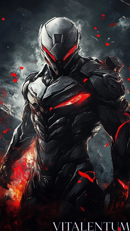 Armored humanoid figure in dark environment with red light.