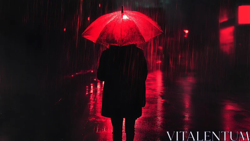 Lone figure with red umbrella walks through neon rainstorm.