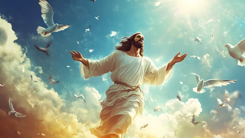 Figure in white robes ascending among doves and clouds.