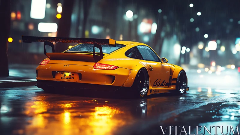 Neon rain crowns a yellow street racer with slick reflections