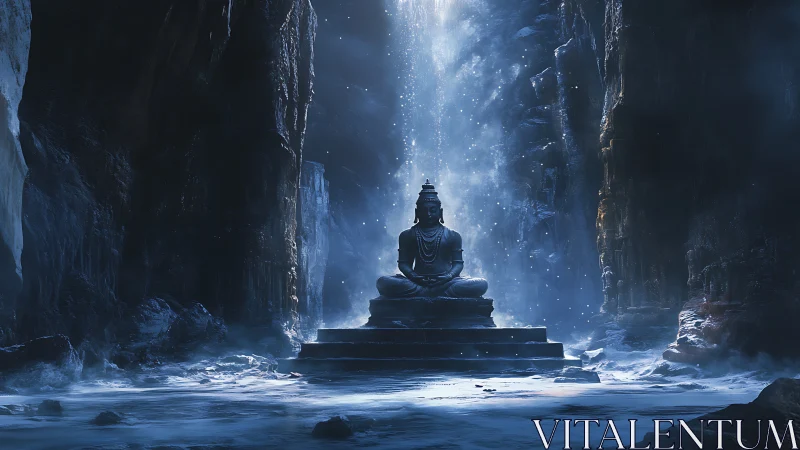 Stone deity statue receives ethereal polar shaft of light.