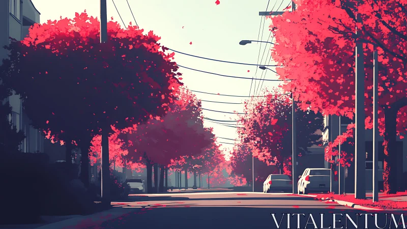 Crimson autumn avenue under soft minimalist daylight.