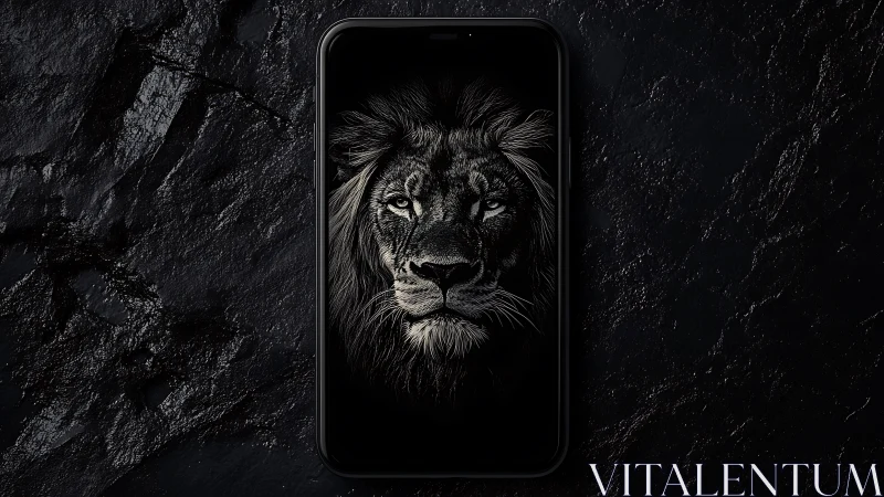 Smartphone with monochrome lion portrait on screen.