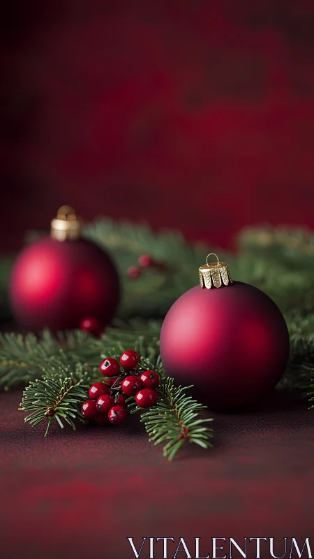 Red Christmas baubles with evergreen branches on red surface.