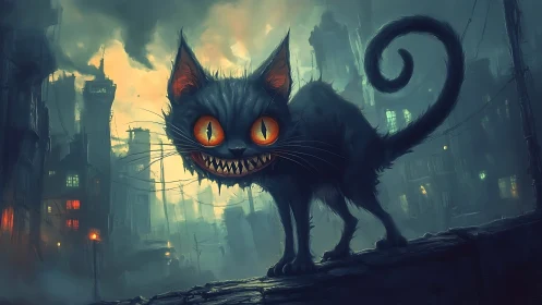 Sinister glowing eyed cat in dystopian cityscape at night.