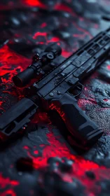 Tactical rifle on wet surface under harsh red lighting.