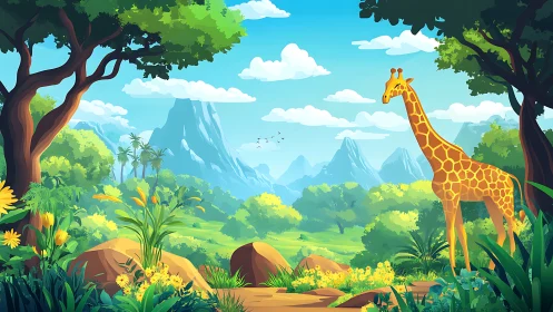 Giraffe standing in bright stylized savanna landscape scene.