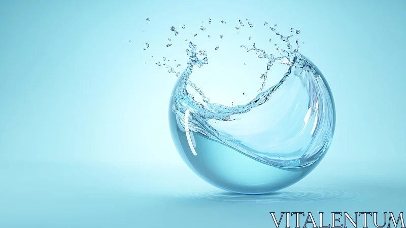 Crystal water sphere splash in clean cyan space.