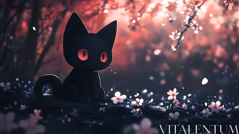 Black cat in soft pink forest with glowing blossoms.