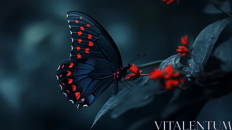 Midnight butterfly sipping neon blossoms in hush-dark woods.