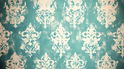 Ornate damask silhouettes drift across weathered teal mist